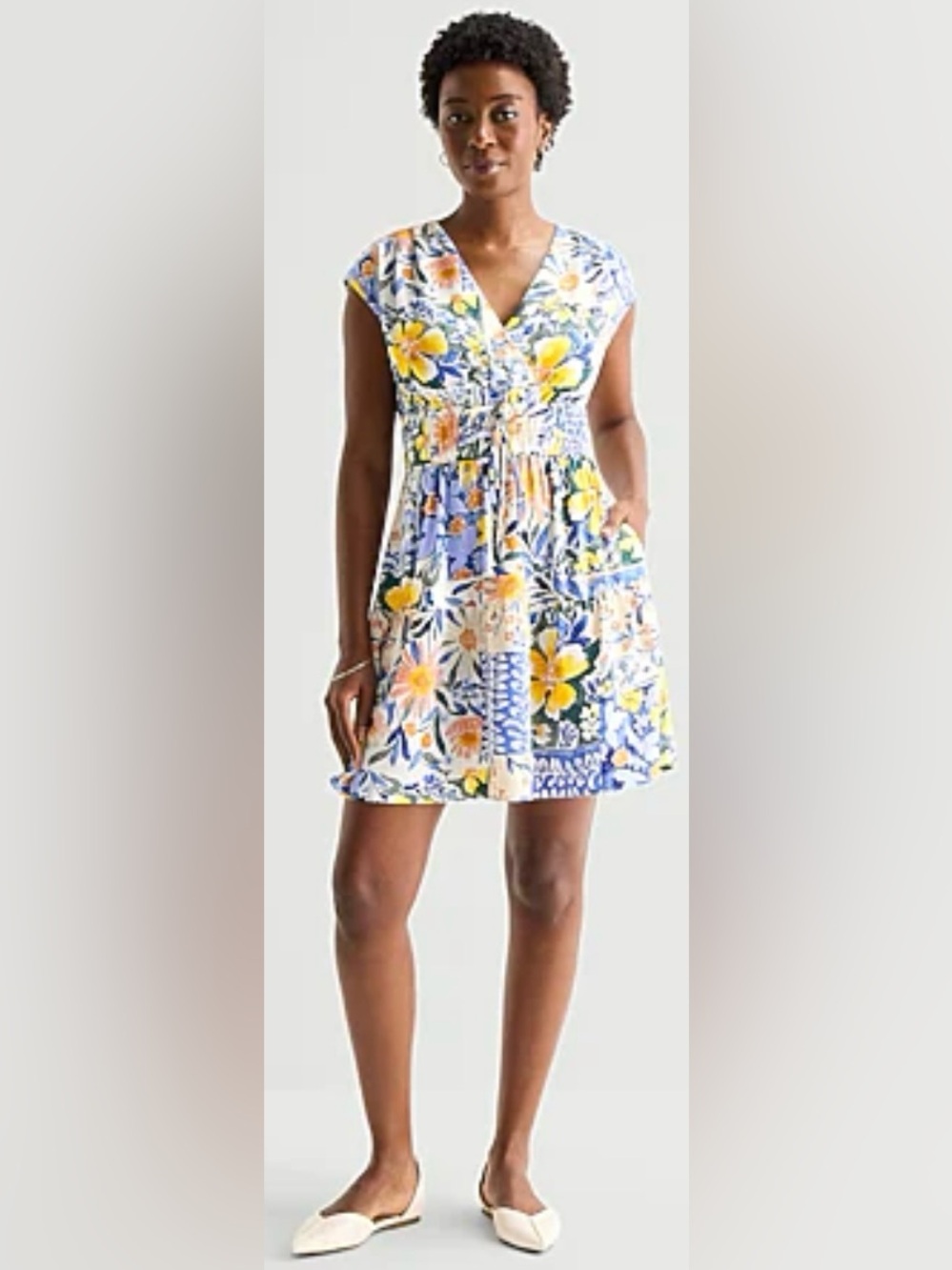 Chetta B Floral V-Neck Drawstring Mini Dress - Blue, Yellow, Pink